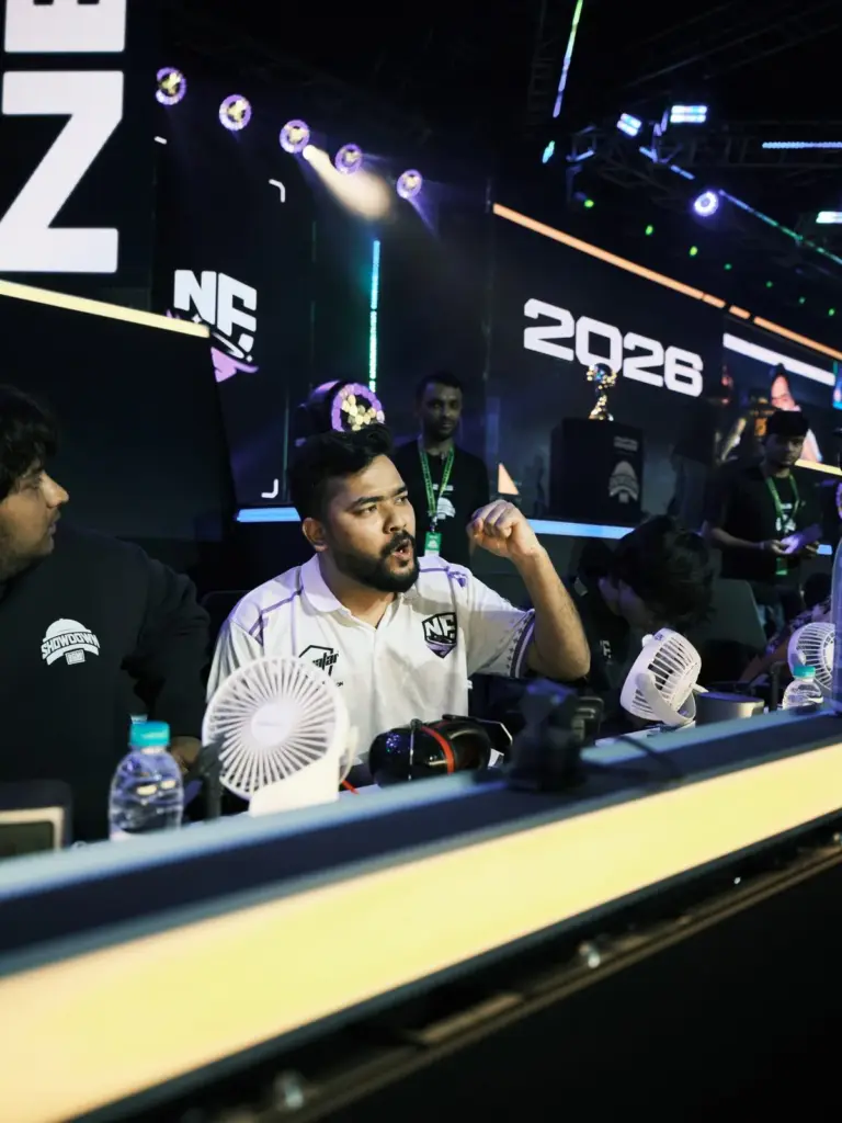 Nebula Esports IGL Aaddiii lets out a roar after his team takes a win. (Image via KRAFTON India)