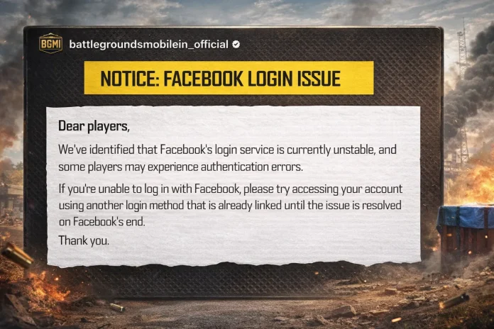 KRAFTON has confirmed that BGMI's Facebook login service is currently unstable, causing authentication errors. Players are advised to use an alternative linked login method until Facebook resolves the issue.