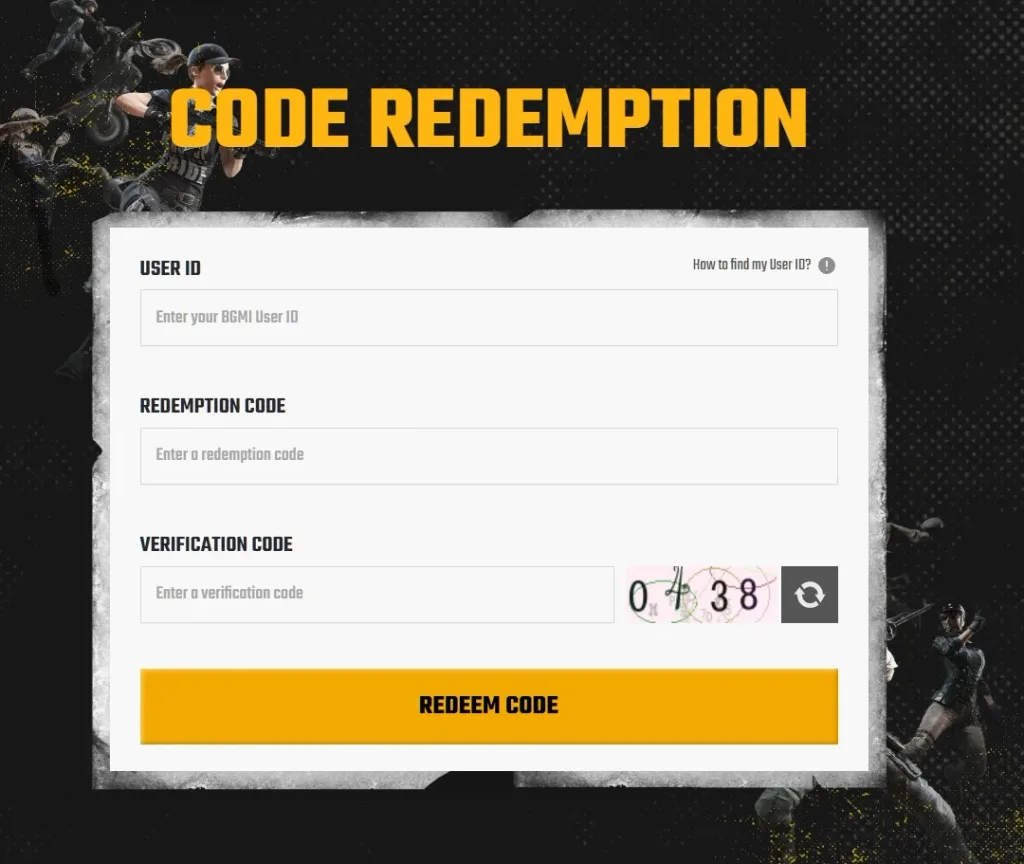 BGMI Redeem Centre page showing Character ID and redeem code fields