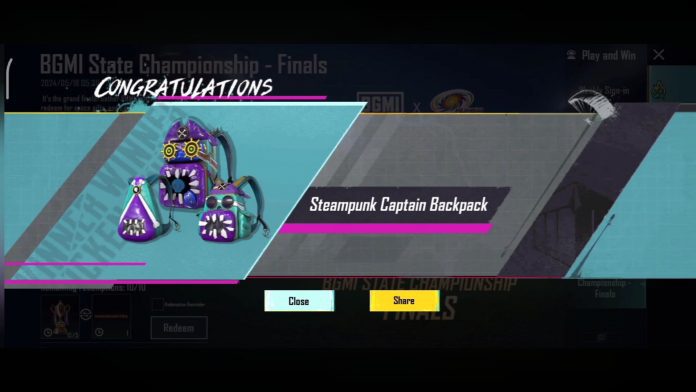 BGMI Steampunk Captain Backpack redeem code reward for September 16, 2026