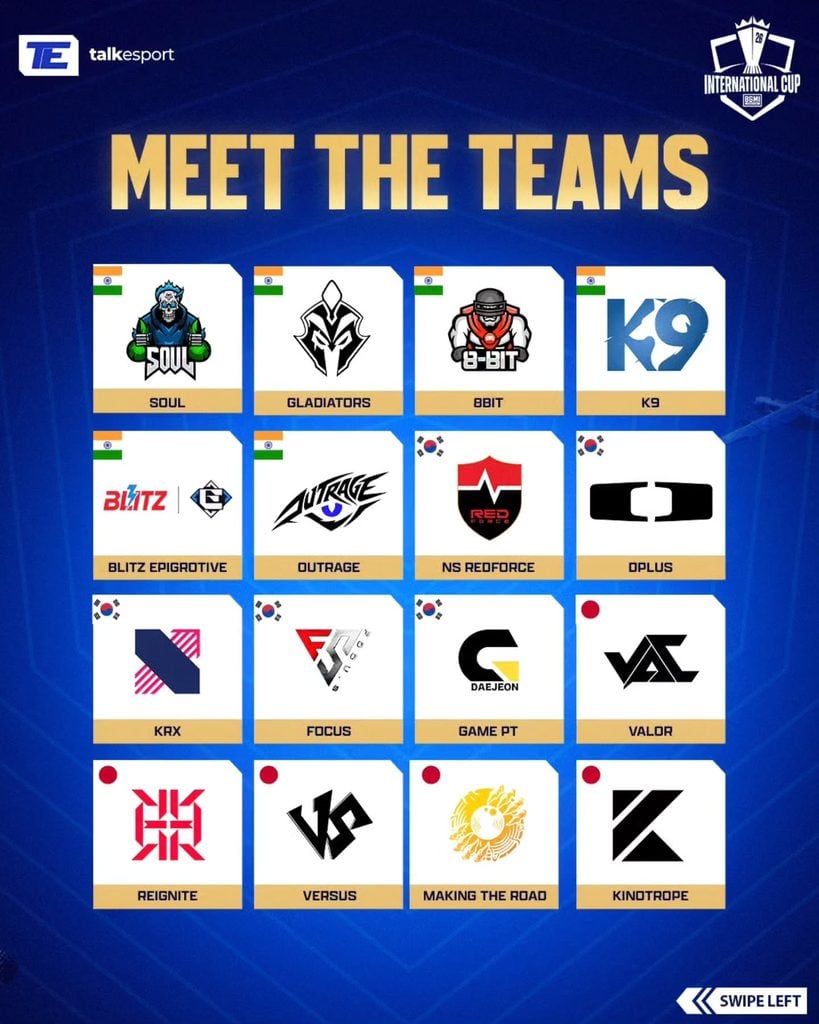 A TalkEsport graphic of the 16 BMIC 2026 teams split by India, South Korea and Japan, with iQOO SouL and Valor marked as already qualified for PMGC 2026 