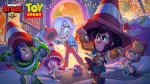 Promotional artwork for a Brawl Stars and Toy Story collaboration, featuring Brawl Stars characters dressed as Toy Story characters, including Buzz Lightyear and Woody, in front of a festive, toy-themed backdrop resembling the iconic Pizza Planet.