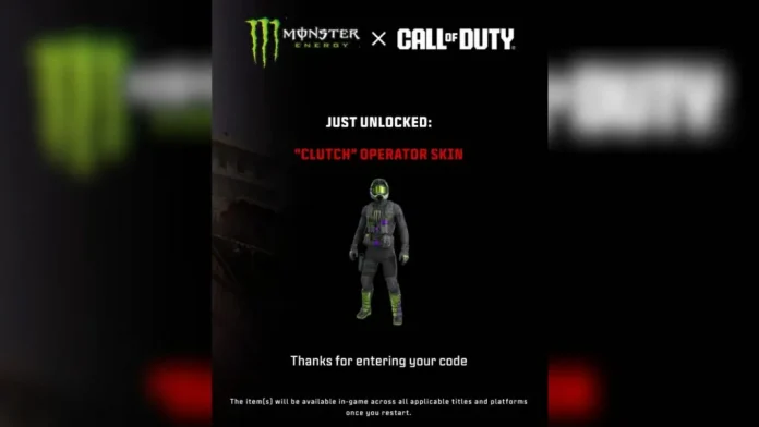 Player in Call of Duty wearing the black, green, and purple Monster Energy 'The Beast' Operator skin.