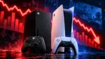 Xbox Series X and PS5 consoles side by side with a sharply declining red sales graph in the background.