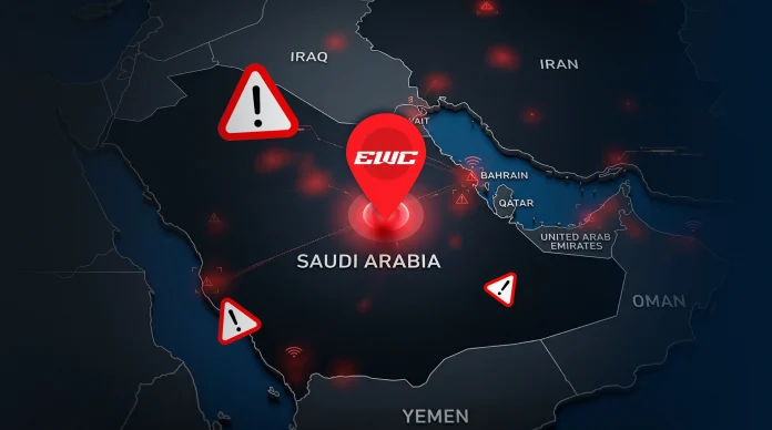 Map of the Middle East highlighting Saudi Arabia with the Esports World Cup 2026 logo pinned on Riyadh, surrounded by red warning signs and alert indicators across the Gulf region including Iraq, Iran, Bahrain, Qatar, UAE, Oman, and Yemen, representing the security threat to EWC 2026 from the ongoing Iran conflict.