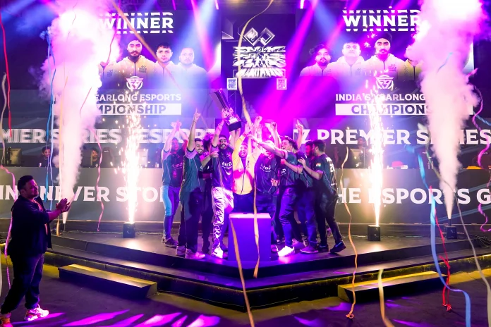 Image capturing the vibrant atmosphere at the Esportz Premier Series Grand Finale in Mumbai, with esports athletes, fans, and brands celebrating the gaming community