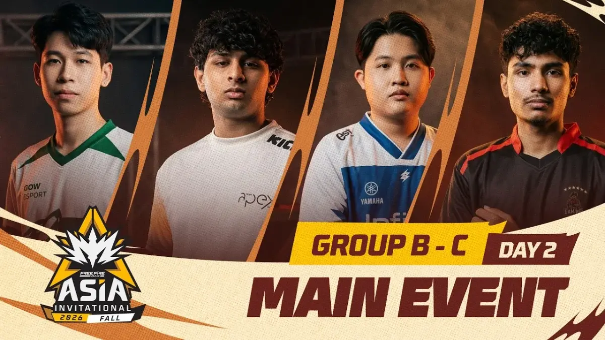 FFMAI 2026 Fall Main Event Day 2 Group B vs C broadcast graphic with players from Bigetron, Buriram and Indian teams
