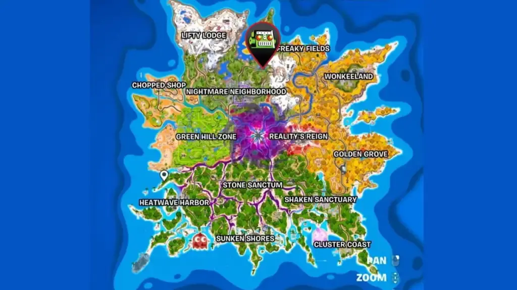 Fortnite map showing the Freddy Fazbear's Pizza FNAF location between Freaky Fields and Nightmare Neighborhood