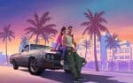 Artistic illustration for GTA 6 featuring two characters seated on the hood of a classic muscle car, with a vibrant sunset backdrop, palm trees, and modern city buildings, evoking a retro Miami vibe.