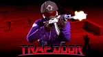 Promotional image for GTA Online Trapdoor Adversary Mode featuring a player in a purple outfit and helmet, aiming a silver submachine gun, with an intense red battlefield backdrop where multiple players engage in combat, highlighted by the bold 'TRAP DOOR' title in blue and red.