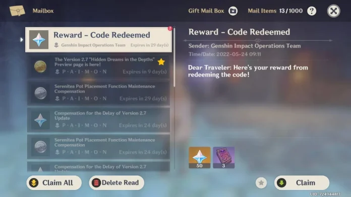 A screenshot of the Genshin Impact in-game mailbox showing rewards received from a code.