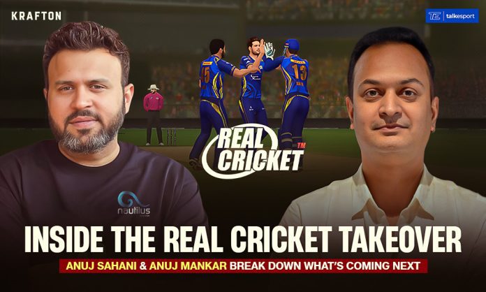 KRAFTON India and Real Cricket interview thumbnail featuring Anuj Sahani and Anuj Mankar discussing the Real Cricket acquisition and gaming plans.
