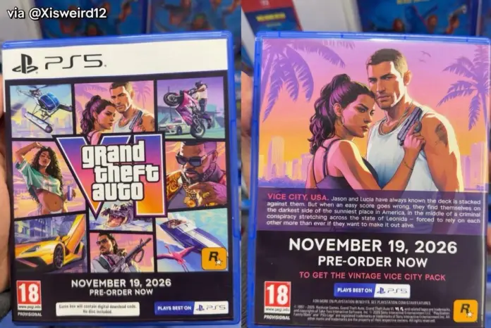 Leaked GTA 6 physical copy PS5 box showing front cover art and back cover text