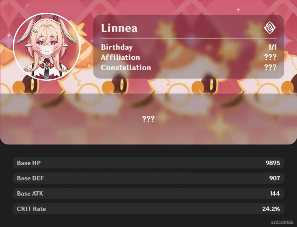 Genshin Impact Linnea Kit Leaks: Profile Screen with Base Stats