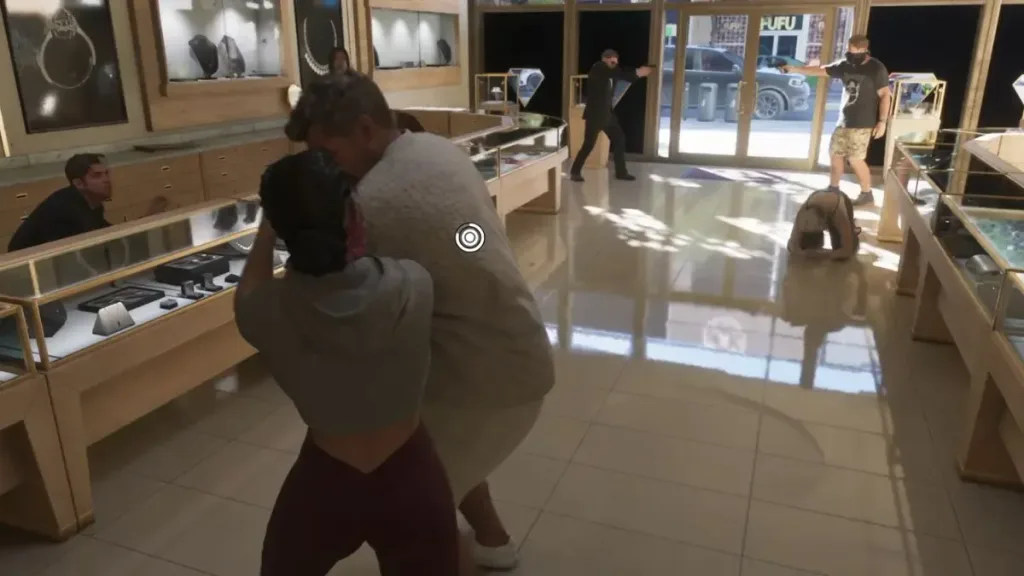 Official GTA 6 image from Rockstar Games showing Jason and Lucia during a store robbery in Leonida. Rockstar says players can rob almost any shop, bank or impound lot in free roam.