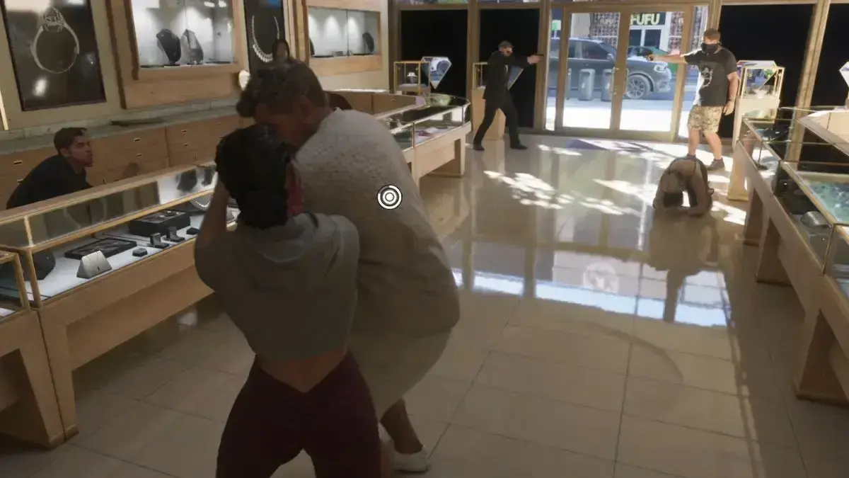 Official GTA 6 screenshot of Jason and Lucia robbing a jewellery store in Leonida