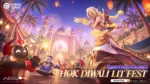 Official HOK Diwali LIT Fest key art showing an Honor of Kings hero and minions celebrating Diwali with lanterns and fireworks