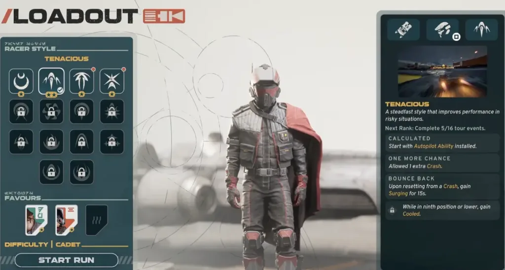 Star Wars Galactic Racer Loadout screen showing vehicle and Racer Style selection