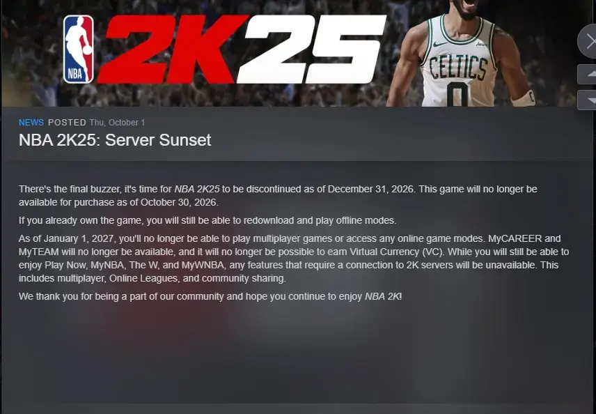 NBA 2K25 Steam store notice saying the game will no longer be available for purchase as of 10/30/2026 and servers shut down 12/31/2026