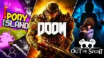 Key art from Out of Sight, Pony Island and DOOM, three free PC games available to claim in October 2026