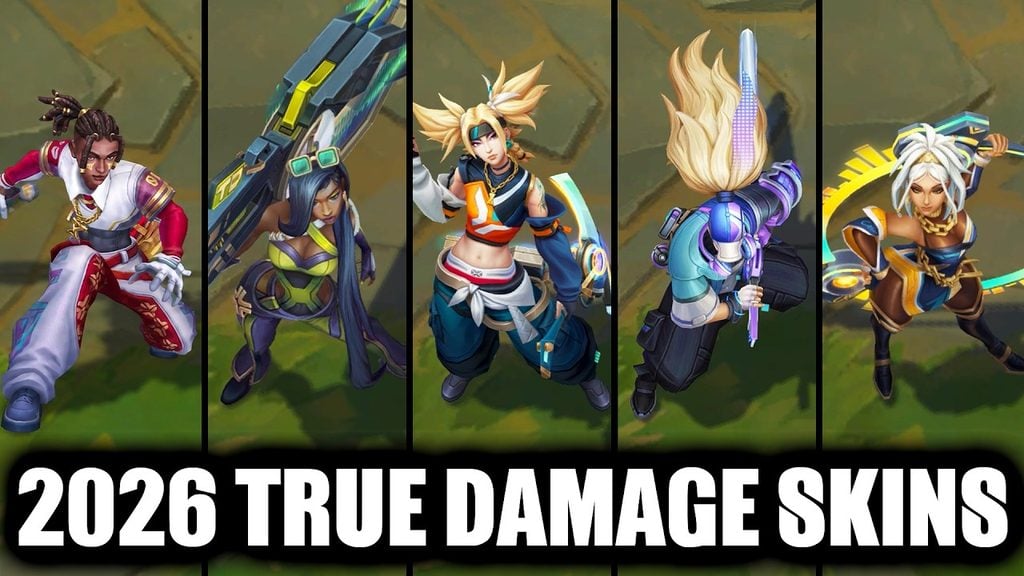 2026 True Damage skins featuring Ekko, Qiyana, Senna, Akali, and Yasuo in League of Legends.