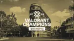 Valorant Champions 2026 Shanghai stage with player desks during a match