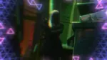 Silhouette of Valorant Agent 30 with long white hair and purple eyes against a purple neon city