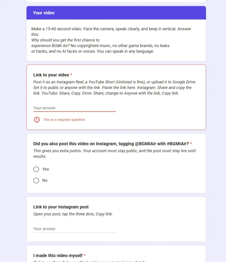 The Your video section of the BGMI Air closed beta form, asking for a 15 to 60 second video link and an optional Instagram post tagging @BGMIAir