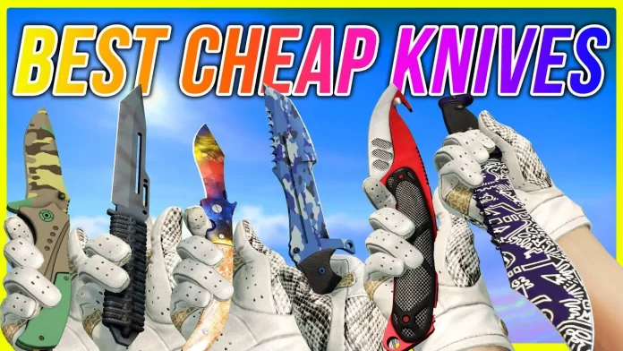 Collage of the cheapest CS2 knives, showcasing options like Shadow Daggers Rust Coat and Gut Knife Ultraviolet for gamers looking to upgrade affordably.