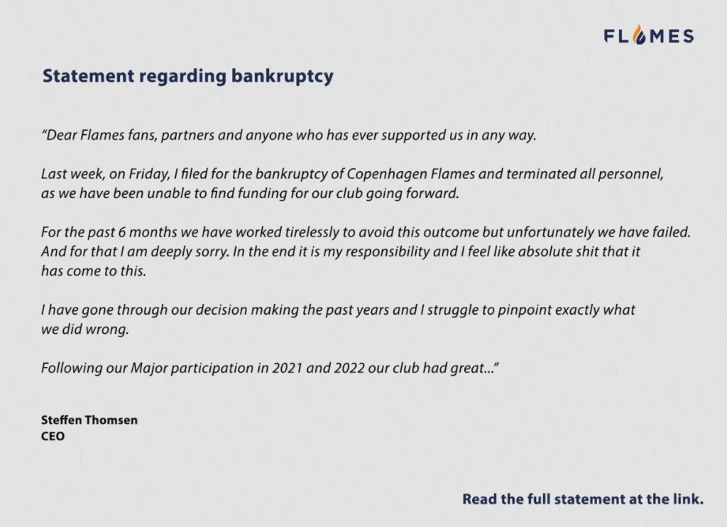 Copenhagen Flames Ceases Operations After Bankruptcy Announcement