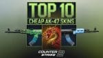 The image is a vibrant and engaging promotional graphic for "Top 10 Cheap AK-47 Skins in Counter Strike 2," featuring three standout skins from the list. These skins include a vivid green geometric pattern, a fiery red dragon design, and a cool blue ice motif, each dramatically enhancing the visual appeal of the AK-47. The backdrop's sleek, dark green gradient complements the highlighted skins, with bold, modern typography emphasizing the theme and setting the tone for gamers seeking affordable yet visually impressive weapon customization options.