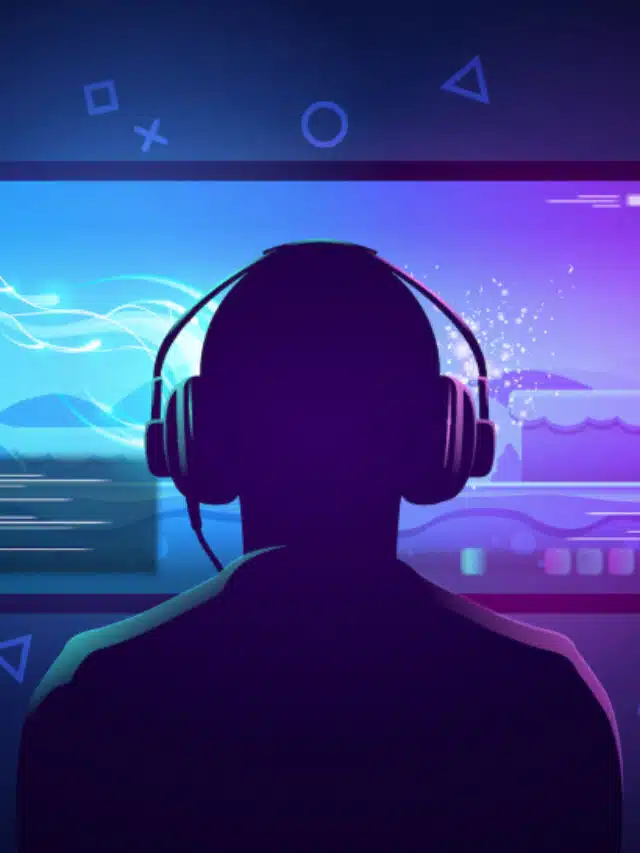 Vector Illustration Young Gamer Sit In Front Of A Screen And Playing Video Game. Wearing Headphone.