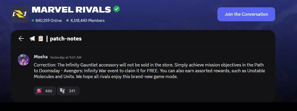 Marvel Rivals patch-notes Discord post correcting that the Infinity Gauntlet accessory will be available for free through Path to Doomsday event missions.