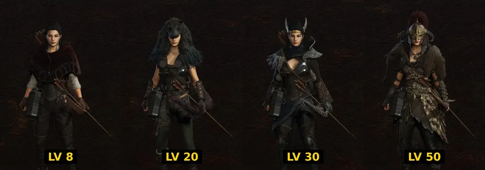 XYAA’s Archer Pawn at Levels 8, 20, 30 and 50 in Dragon’s Dogma 2