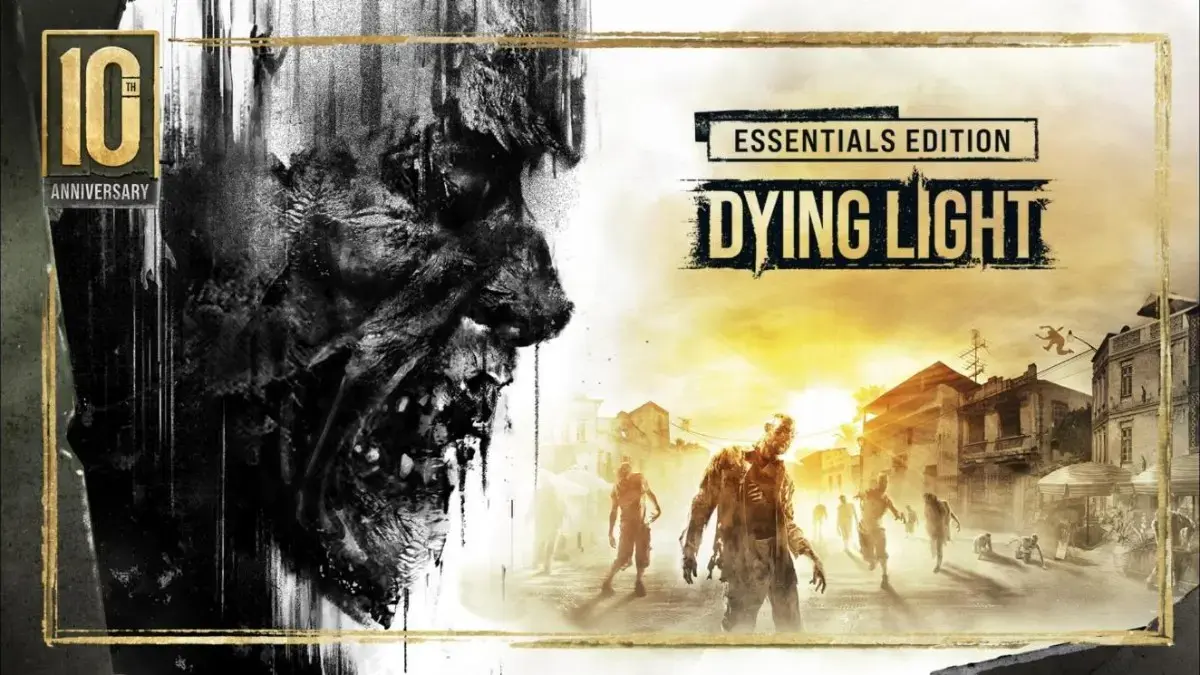 Official Dying Light Essentials Edition key art with a zombie face on one side and a crowd of infected walking through Harran on the other.