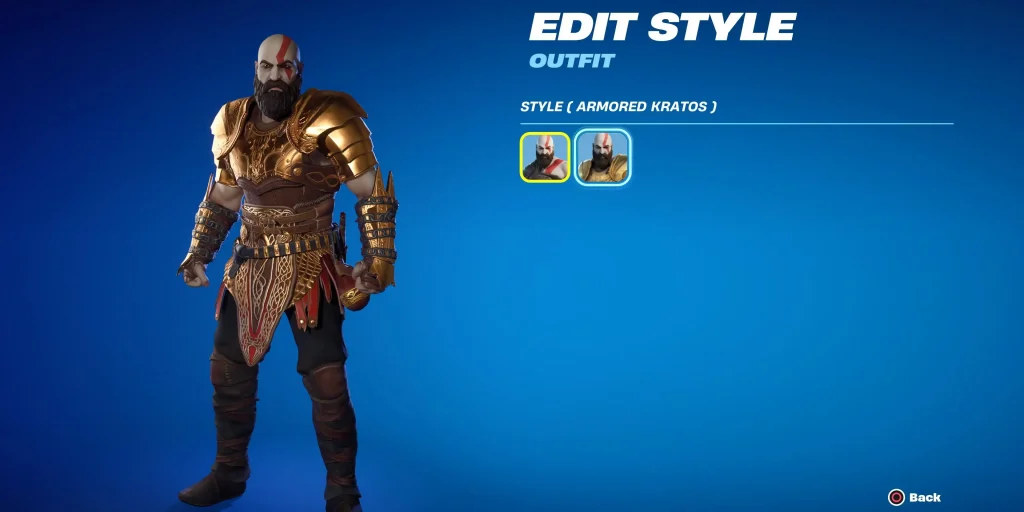Image of the Kratos Fortnite skin: "Screenshot or official image of the Kratos skin as it appears in Fortnite, ideally showcasing his armor or weapons."