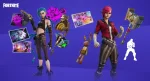 Fortnite x Arcane collaboration features two characters with distinct skins; on the left, a female character with blue hair and cybernetic enhancements, and on the right, a male character with pink hair and a mechanical hammer, set against a dynamic blue background displaying action-packed scenes from the game.