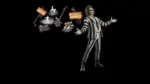 Official render of the Fortnite Beetlejuice Bundle, showing the Beetlejuice outfit in his striped suit alongside the Marquee back bling, Six-Stringed Sandworm guitar, Sandworm Sneakers, pickaxe, wrap and emote icons.