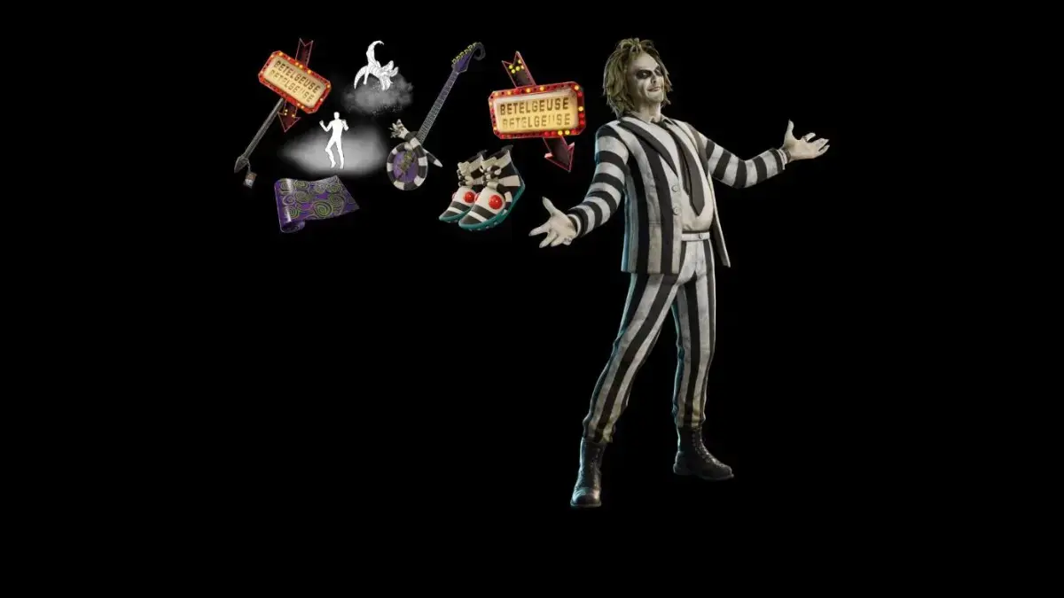 Official render of the Fortnite Beetlejuice Bundle, showing the Beetlejuice outfit in his striped suit alongside the Marquee back bling, Six-Stringed Sandworm guitar, Sandworm Sneakers, pickaxe, wrap and emote icons.