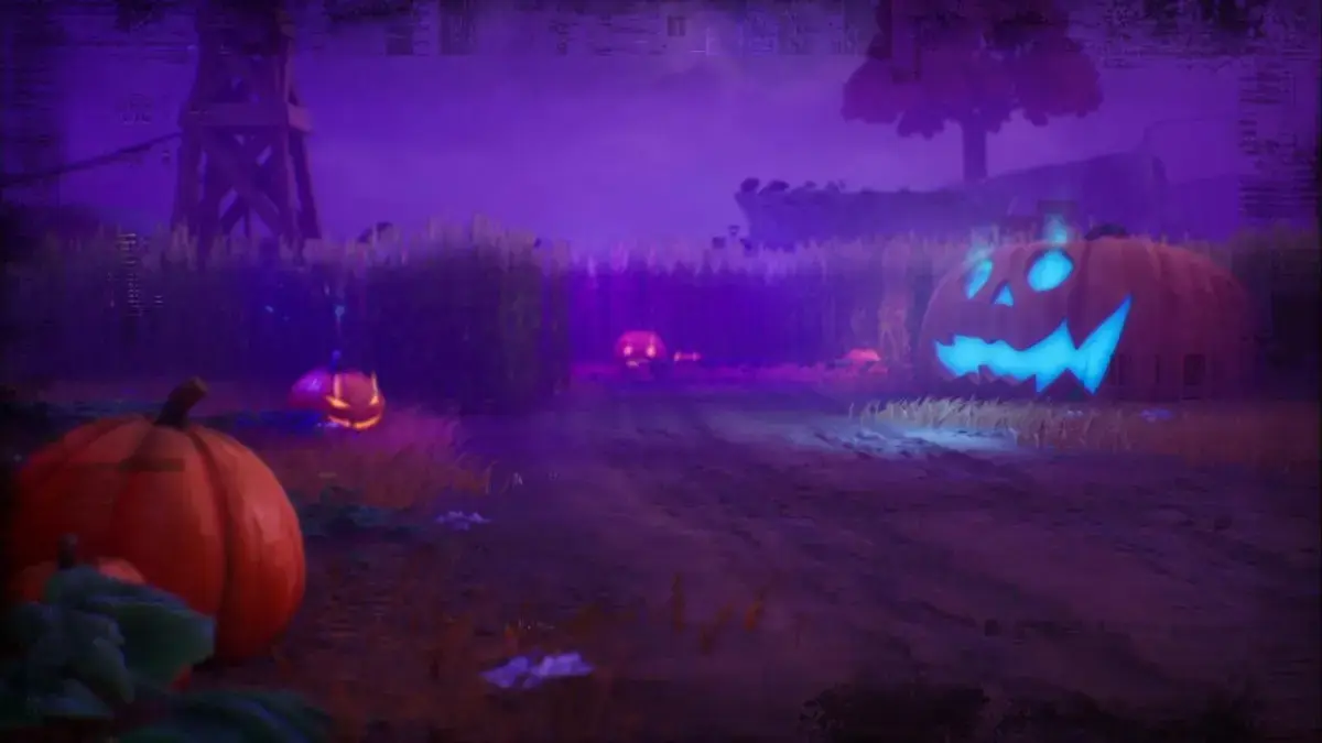 Official Fortnitemares 2026 artwork of a purple-lit pumpkin patch with a giant glowing jack-o-lantern on the Fortnite island.