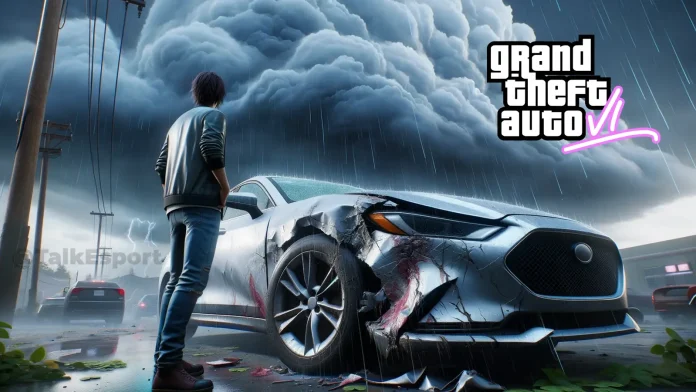 Photo of a detailed video game character standing next to a damaged car, looking at the dents and scratches, with a dynamic weather system in the background. Dark clouds gather overhead, hinting at an upcoming storm.
