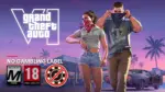 GTA 6 key art of Jason and Lucia with ESRB M and PEGI 18 rating badges and a crossed-out casino chip