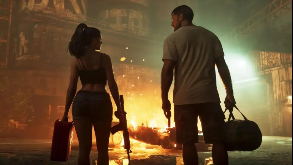 Official GTA 6 artwork of Lucia holding a gas can and rifle and Jason carrying a duffel bag as they watch a car burn in an industrial yard.