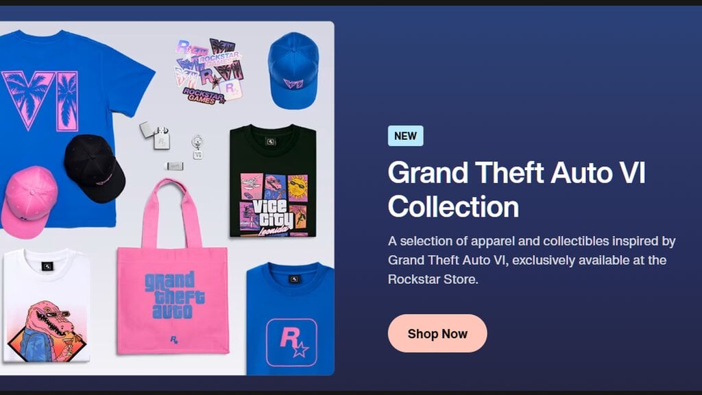 Grand Theft Auto VI Collection featuring Vice City-inspired apparel and collectibles, including T-shirts, caps, stickers, a tote bag and Rockstar Games accessories.
