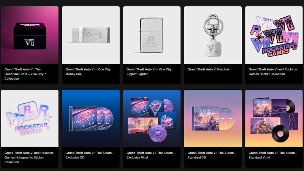 Grand Theft Auto VI merchandise collection featuring a collectible box, Vice City money clip and lighter, keychain, Rockstar Games stickers, and GTA VI music albums on CD and vinyl.