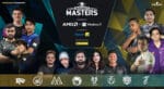 A dynamic collage featuring the Koramangala Indoor Stadium, action-packed moments from CSGO gameplay, and silhouettes of the mentioned gaming influencers with the Skyesports Masters 2023 logo prominently displayed.
