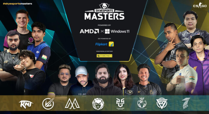 A dynamic collage featuring the Koramangala Indoor Stadium, action-packed moments from CSGO gameplay, and silhouettes of the mentioned gaming influencers with the Skyesports Masters 2023 logo prominently displayed.