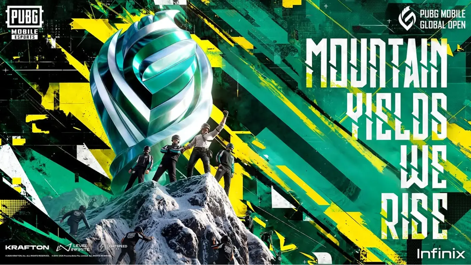 Official PUBG Mobile Global Open 2026 Season 2 key art showing the PMGO trophy on a mountain peak.