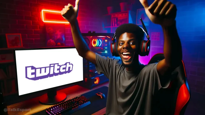 Photo of Ishowspeed wearing a gaming headset, sitting in a gaming chair in front of a computer, raising his hands in excitement. On the monitor, there's a message stating 'You have been unbanned!' accompanied by the logo of a generic streaming platforms.