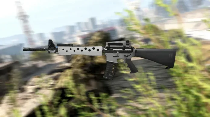 In-game action shot of the JAK Patriot, the coveted M16 conversion kit in MW3 and Warzone, ready for combat